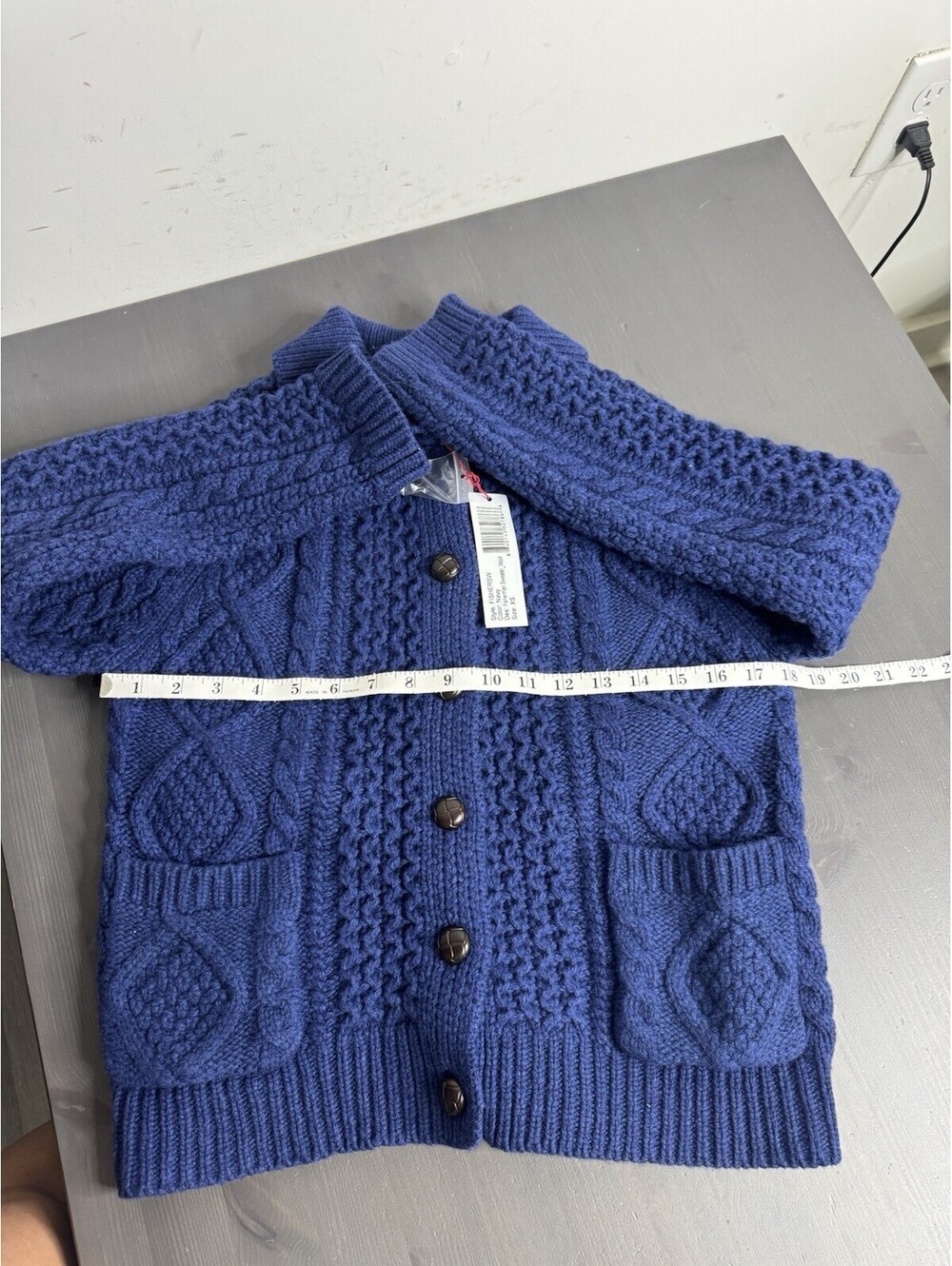 Frances Valentine Wool Fisherman Aran Cable Knit Cardigan Sweater in Navy - Picture 9 of 9